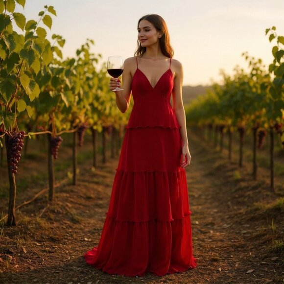 NWT NEW Mac Duggal  Red Spaghetti Strap Ruffle Layered Maxi Dress Gown Size 6 - Picture 1 of 6